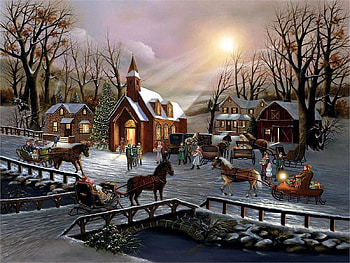 The Heart of Christmas, winter, church, people, sunrise, horses, painting, snow, sleighs, sun, village HD wallpaper