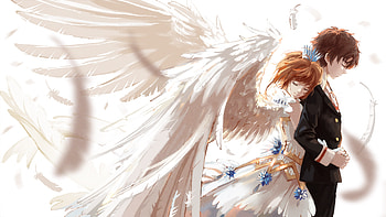 Cardcaptor Sakura, Anime, Brown Hair, Crown, Dress, Feather, Sakura Kinomoto, Short Hair, Smile, Syaoran Li, Wings HD wallpaper