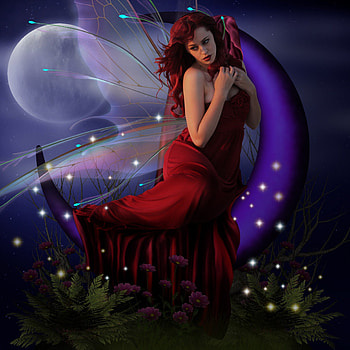 FIREFLIES, WINGS, RED DRESS, FEMALE, MOON, PURPLE, FAIRY HD wallpaper