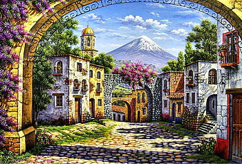 Three Arches F2Cmp, architecture, art, beautiful, cityscape, illustration, artwork, scenery, wide screen, painting, clouds, sky, mountains HD wallpaper