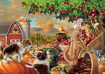Autumn, art, apple, pumpkin, orange, toamna, caine, dog, painting, pictura HD wallpaper