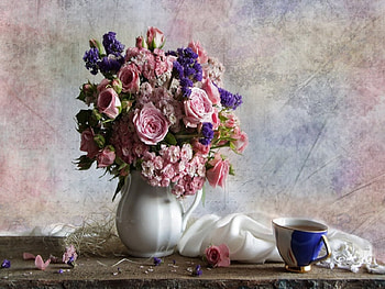 Still Life, blue, colorful, bouquet, graphy, tea, pink roses, colors, beauty, rose, petals, white, roses, vase, pink rose, romance, beautiful, cup, pink, pretty, with love, nature, romantic, flowers, cup of tea, lovely, for you HD wallpaper