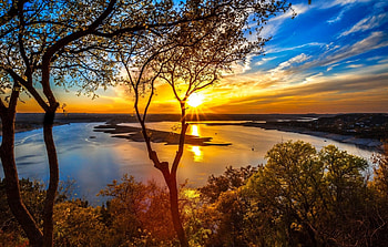Sunset river, river, rays, sunlight, glow, beautiful, reflection, trees, view, sky, water, sunset HD wallpaper