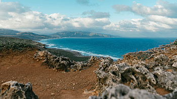Landscape View Of Ocean View Sea Waves Greenery Mountains Under Clouds Blue Sky Nature HD wallpaper