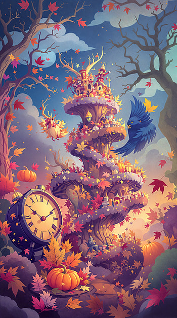 Enchanted Autumn: A Whimsical , fantasy, Autumn, clock, tree, magical HD phone wallpaper