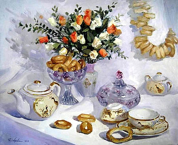 Dobrov Anna. Tea with bagels, still life, tea, painting, dobrov anna, art, flower, drink HD wallpaper