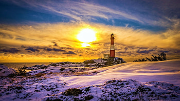 Lighthouse in Southern Rogaland, Norway, colors, clouds, sky, sunset, sea HD wallpaper