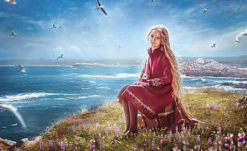 The girl with seagulls, blue, sea, bird, seagull, blonde, pasare, girl, copil, summer, shore, pink, suitcase, fantasy, luminos, child, tatyanache HD wallpaper