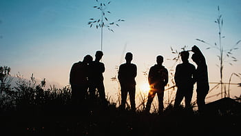 A group of friends silhouetted against the sunset, enjoying a moment in nature. HD wallpaper
