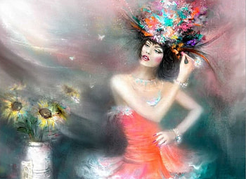 Beauty, cute, colors, dress, sunflower, lady, 3d, abstract, flori, painting, hat, female, art, color, soft, other, gorgeous, girl, feminine, beautiful, sheek, woman, sophisticated, jewel, fantasy, pretty, paint, face, palarie, flowers HD wallpaper