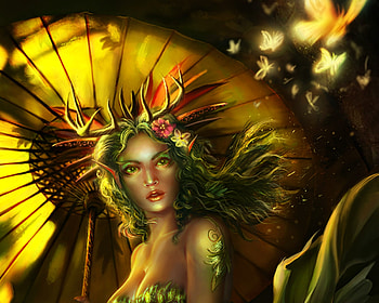 Mother Nature, umbrella, frumusete, horns, parasol, girl, indiron, woman, butterfly, fantasy, green, yellow, luminos HD wallpaper