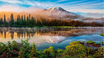 Spring in the mountains, plants, trees, clouds, landscape, sky, lake HD wallpaper