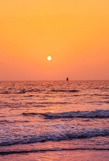 Nature, Sunset, Sea, Sun, Waves, Flag HD phone wallpaper