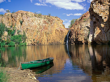Nature, Rocks, Lake, Shore, Bank, Waterfall, Boat, Australia HD wallpaper