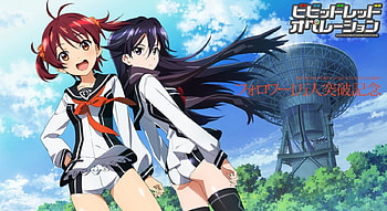 Akane and Rei, Rei Kuroki, Blue Hair, Anime Friends, Trees, Smile, Akane, Vividred Operation, Blushing, Big Eyes, Clouds, Sky, Isshiki, Kuroki, Anime Girl, Rei, Friends, Anime, Seifuku, Redhead, School Uniform, Akane Isshiki, Red Hair HD wallpaper