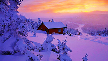 Dreamy Winter Landscape, hills, snow, colors, clouds, trees, sky, cabin, sunset HD wallpaper