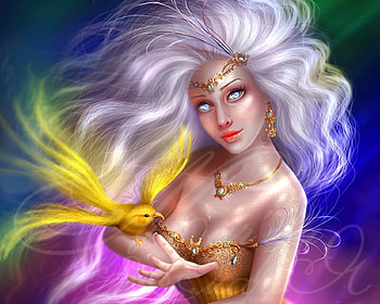 ~Magic Glow~, glow, necklace, digital art, wonderful, jewelry, dress, lady, lashes, animals, drawings, lips, diamonds, female, magic, bird, eyes, gorgeous, paintings, beautiful, woman, fantasy, light, white hair, face, girls, hair HD wallpaper