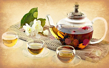 TEA FOR THREE, cups, bokeh, tea, glass, flowers, relax, water, pot HD wallpaper
