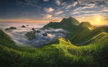Mountain Lake, clouds, meadow, sun, mountains, lake HD wallpaper