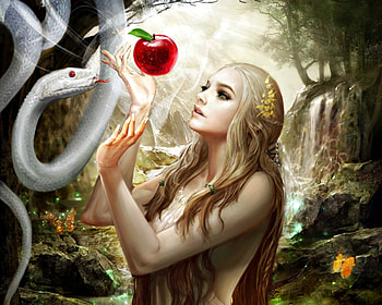 Temptation, snake, white, girl, fantasy, red, fruit, game, apple, legend of the cryptids, luminos HD wallpaper