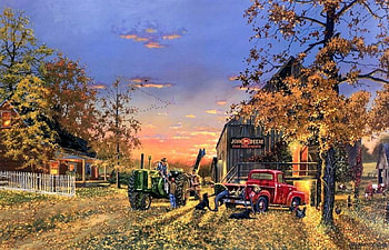 Dave Barnhouse. A Time of Plenty, dave barnhouse, painting, art, car, nature, tractor, tree HD wallpaper