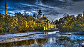 museum in forest by a river r, river, museum, tower, clouds, r, forest HD wallpaper