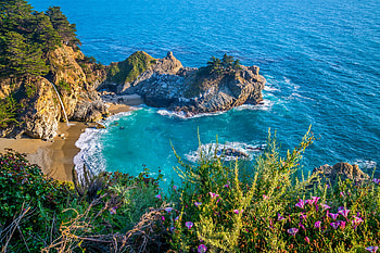 Big Sur, California, wildflowers, sea, coast, USA, waterfall, view, beautiful, rocks, water HD wallpaper