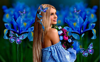 Delicate Blue, green, bright, bold, girl, flowers, colorful, blue, vibrant, butterflies, pink, vivid HD wallpaper