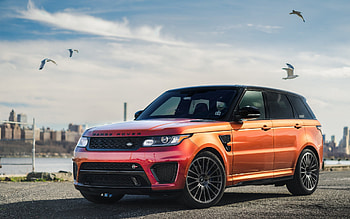 Land Rover Range Rover Sport, Exterior, Front View, Orange SUV, Orange Range Rover Sport SVR, British Cars, Land Rover HD wallpaper