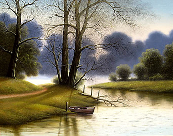 Mario Jung. Spring Landscape with boat, river, boat, mario jung, painting, art, landscape, nature, tree HD wallpaper