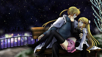 Christmas Romance, blue eyes, city, romance, long hair, anime, snow, yellow hair, christmas, couple HD wallpaper