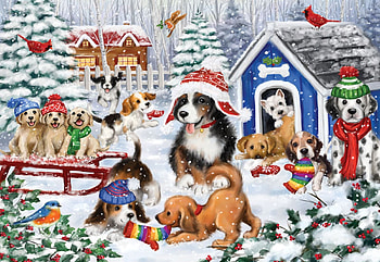 Dog House Fun, winter, dogs, painting, snow, garden HD wallpaper