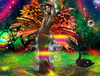 **BLACK SWAN**, rays, plants, colors, butterflies, animals, trees, female, sweet, cold, eyes, grass, fantasy, pretty, light, face, swan, models, lovely, colorful, black, feathers, attractive, cute, digital art, dress, butterfly, lips, wings, beautiful, people, lakes, rainbow, manipulation, cool, girls, women, black swan, splendor HD wallpaper