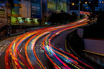 City road, turn, night, Light trail HD wallpaper