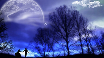 Fantasy blue, night, blue, moon, tree HD wallpaper
