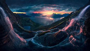 Sunset on a rainy day, sky, mountains, sun, landscape, clouds, waterfall HD wallpaper