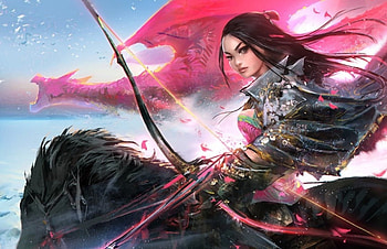 Japanese Warrior, blue, colorful, horse, black, colors, long hair, beauty, lady, abstract, dragon, arrow, fantasy woman, female, bow, japanese, art, man, beautiful, black hair, armor, woman, pink, fantasy, pretty, red, sky HD wallpaper
