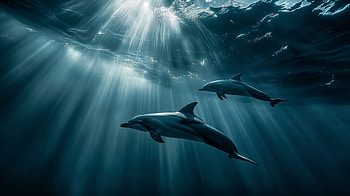 Aqua Waltz: Sunlit Dolphins — Quad, dolphin, underwater HD wallpaper