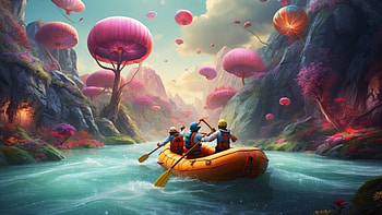 Enchanting River Rafting Adventure, rafting, adventure, fantasy landscape, colorful trees, river HD wallpaper