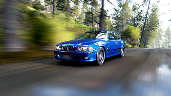 Bmw M5 E39, mountain, forest, rain, blue, road, video game, Forza Horizon 5 HD wallpaper