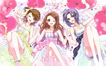 It's Party Time Girls!!!, brown eyes, colorful, purple hair, idolmaster, dresses, red eyes, winks, gloves, bows, futami ami, necklaces, anime, miura azusa, brown hair, minase iori, friends HD wallpaper