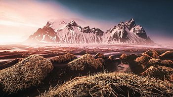 Vestrahorn, Iceland, ice, snow, winter, mist, landscape, sky HD wallpaper