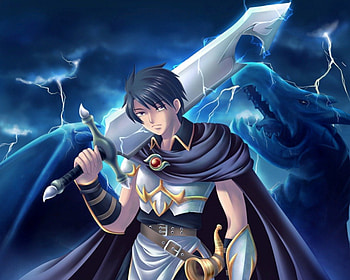 Dragon Hunter, knight, cape, horn, short hair, dragon, male, warrior, cloud, handsome, sexy, lighting, sword, hunter, hot, monster, armor, blade, thunder, boy, anime, mantle, cool, weapon, sky, creature, guy HD wallpaper