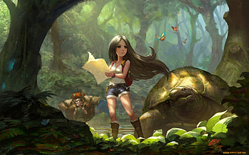 Adventure Girl, turtle, art, man, girl, forest HD wallpaper