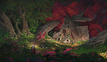 Medieval Forest Cabin Fantasy Landscape, fantasy landscape, medieval, forest, cabin, tree HD wallpaper