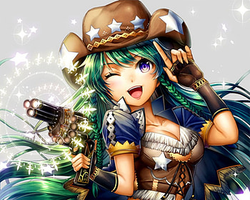CowGirl, cute, long hair, beauty, nice, lady, maiden, happy, gun, braids, hat, female, sexy, sweet, pistol, smile, hot, girl, beautiful, kawaii, star, anime girl, anime, pretty, wink, weapon, green hair, lovely HD wallpaper