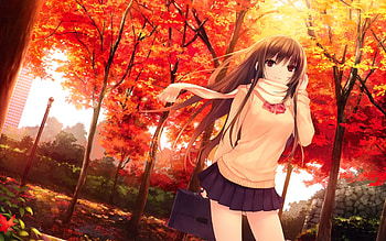 Anime Girls Autumn Bows Brunettes Buildings Coffee-Kizoku Leaves Long Hair Red Eyes Scarfs School Uniforms Trees HD wallpaper