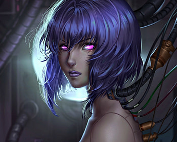 Motoko Kusanagi, chubymi, art, girl, woman, amethyst eyes, purple, fantasy, luminos HD wallpaper