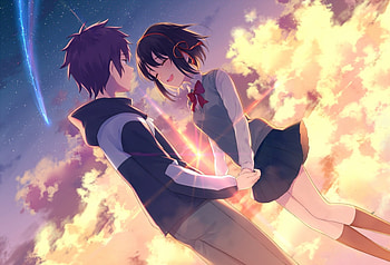 Mitsuha & Taki, Short Hair, Comet, Holding Hands, Mitsuha Miyamizu, Smile, Tachibana, Red Thread, Sunlight, Eyes Closed, Blushing, Big Eyes, Mitsuha, Clouds, Sky, Anime Girl, Your Name, Taki Tachibana, Sunset, Anime Couple, Taki, Anime, Stars, Seifuku, Miyamizu, Kimi no Na wa, School Uniform, Anime Lovers, Anime Guy HD wallpaper