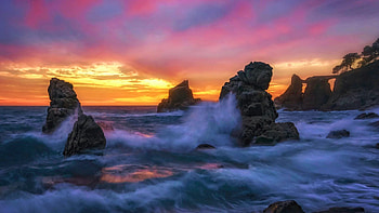 Costa Brava, Spain, rocks, sea, colors, mediterranean, clouds, sky, sunset HD wallpaper